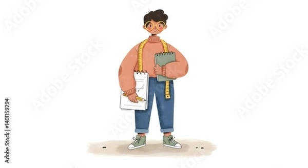 Fototapeta A charming illustration of a fashion designer with a sketchbook and tape measure, in trendy clothes, standing on a neutral base. Soft pastel tones and hand-drawn textures on white background.