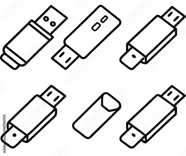 Fototapeta USB Flash Drive Set: An illustrative set of seven USB flash drive designs showcasing various perspectives and styles. The sleek, modern line art is perfect for presentations, websites.