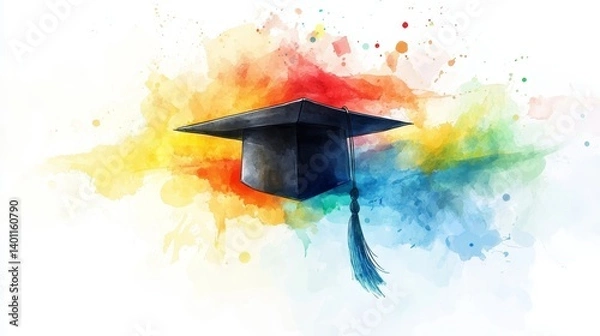 Fototapeta Graduation Cap and Colorful Splashes - A black graduation cap sits atop a vibrant watercolor splash, symbolizing education, achievement, and future possibilities