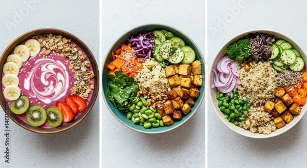 Obraz Three bowls with different healthy ingredients like fruit vegetables and grains.