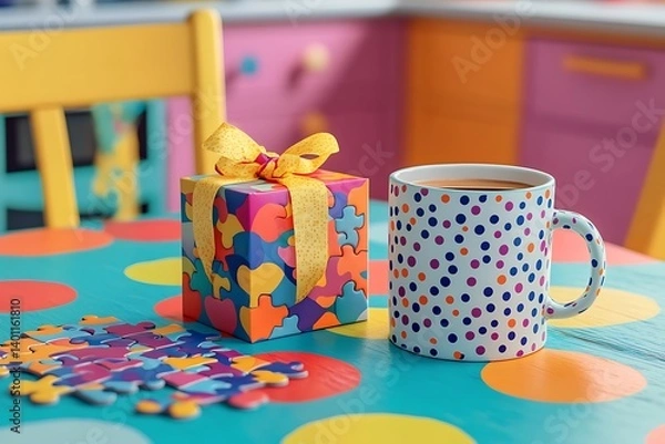 Fototapeta Playful Mother's Day scene with a colorful puzzle gift and a dotted coffee mug on a vibrant kitchen table.