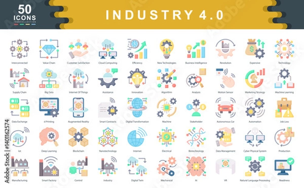 Fototapeta The Industry 4.0 flat icon set captures digital transformation across manufacturing, automation, IoT, and AI perfect for visualizing innovation, connectivity, and smart production systems.
