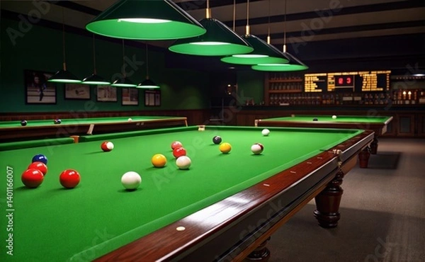 Obraz .A dimly lit room with a green Snooker table as the centerpiece. The light is soft and evenly distributed. Creates a soft glow throughout the scene. generate ai	
