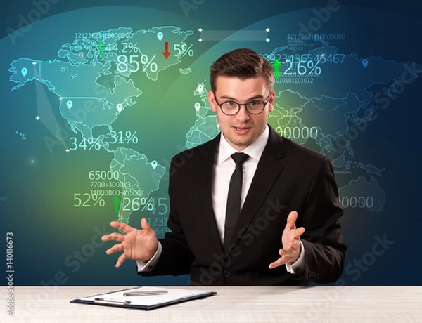 Fototapeta Trade market analyst is studio reporting world trading news with map concept
