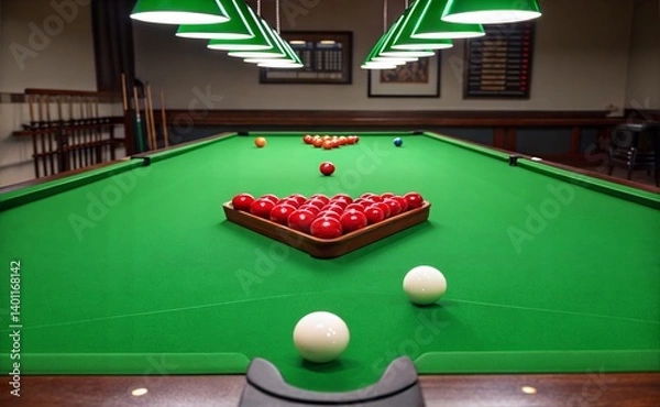 Obraz .A dimly lit room with a green Snooker table as the centerpiece. The light is soft and evenly distributed. Creates a soft glow throughout the scene. generate ai	

