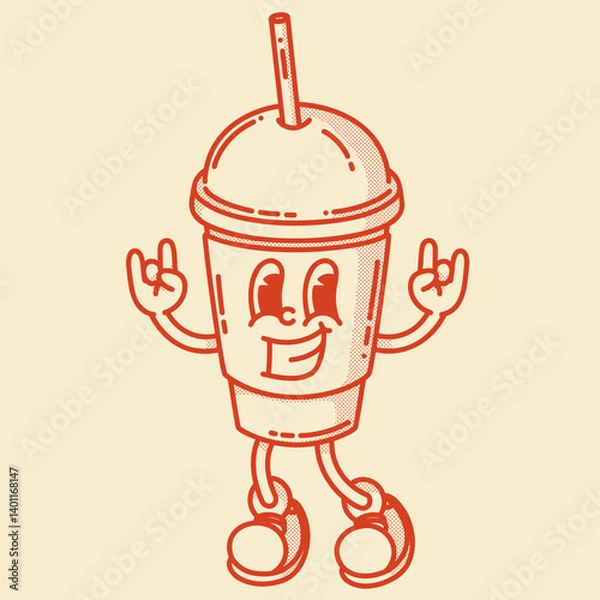 Fototapeta Smiling friendly coffe to go with straw character mascot in shoes. Coffee shop mascot symbol. Rock gesture