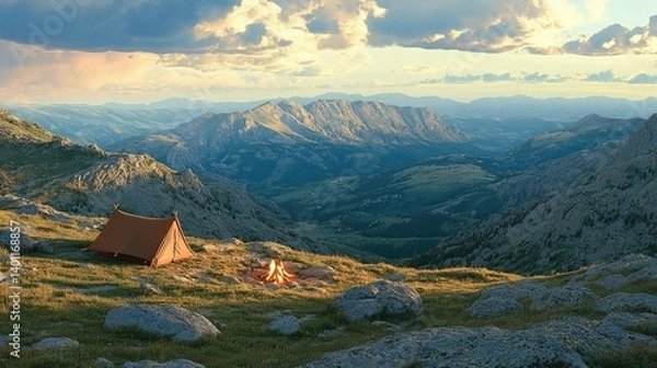 Fototapeta Stunning mountaintop campsite at sunset.  Campfire and tent nestled in a valley