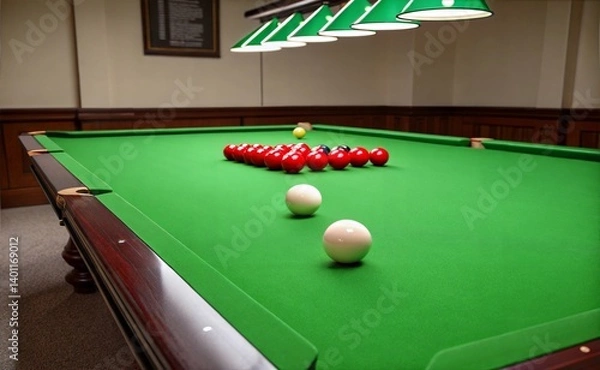 Obraz .A dimly lit room with a green Snooker table as the centerpiece. The light is soft and evenly distributed. Creates a soft glow throughout the scene. generate ai	
