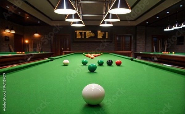 Obraz .A dimly lit room with a green Snooker table as the centerpiece. The light is soft and evenly distributed. Creates a soft glow throughout the scene. generate ai	
