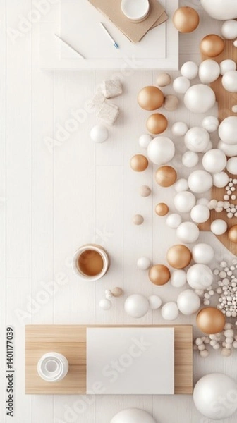 Fototapeta Bright and minimalist workspace featuring artistic decorative elements, wooden table, and a cup of coffee, perfect for inspiration and creativity