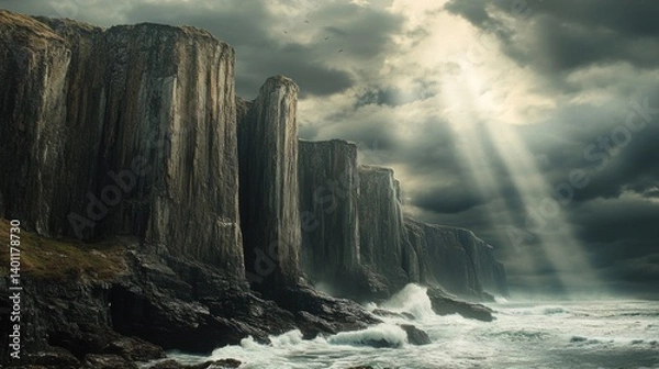 Fototapeta Dramatic coastal cliffs under a stormy sky