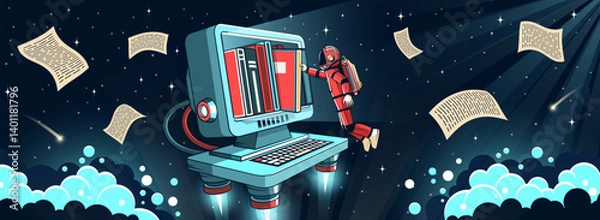 Obraz Futuristic astronaut floating in outer space, interacting with a hovering computer terminal that resembles a digital library. Books and documents fly around in zero gravity. Vector illustration.