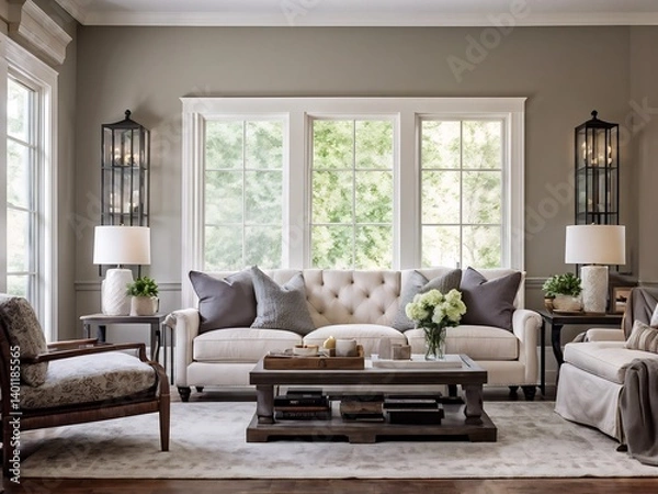 Obraz Elegant Living Room with White Sofa and Large Windows