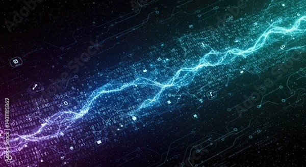 Fototapeta Abstract blue background with glowing lines suggests digital energy in a dark, starry space illustration
