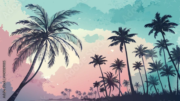 Fototapeta *"Watercolor Palm Tree Silhouette Background – Soft Pastel Gradient Sky with Tropical Festival Vibes, Laid-Back Summer Aesthetic