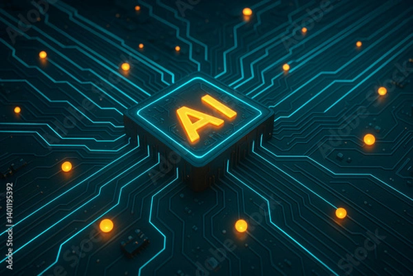 Obraz Glowing AI processor icon on futuristic circuit board background. Conceptual illustration of artificial intelligence and machine learning technology.

