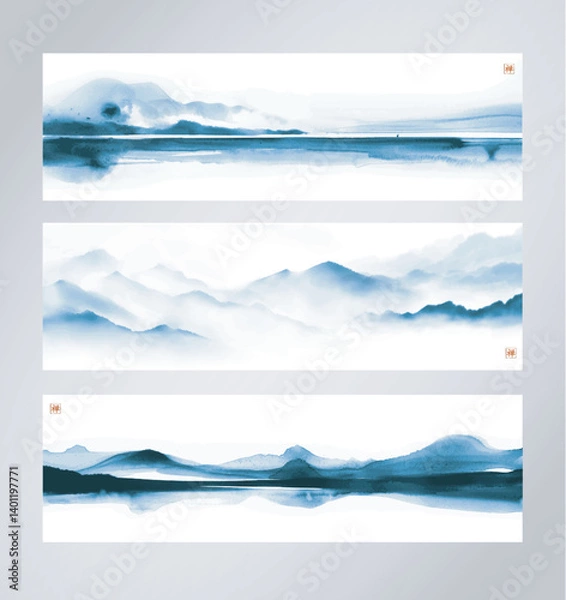 Obraz Set of three sumi-e style vector banners with misty mountain landscapes and serene water reflections in blue tones. Translation of hieroglyph - zen