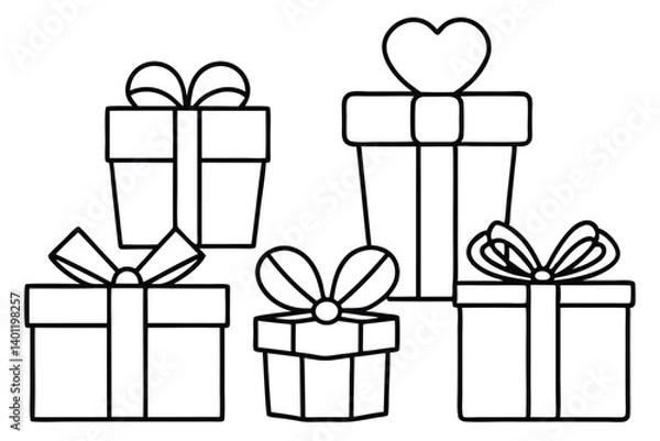 Fototapeta Gift Box Abundance: A collection of intricately illustrated gift boxes adorned with delicate bows and a singular heart, offering a sense of occasion and festivity.