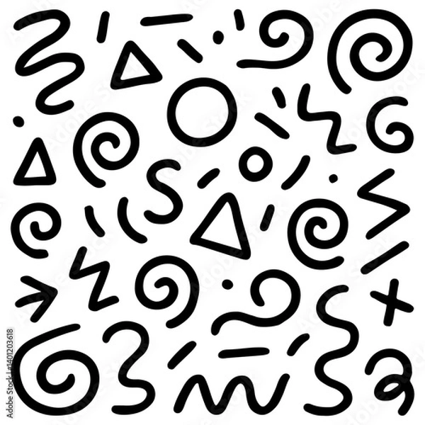 Fototapeta Hand-drawn black doodle pattern featuring spirals, triangles, squiggles, and geometric shapes on a clean white background. Vector illustration