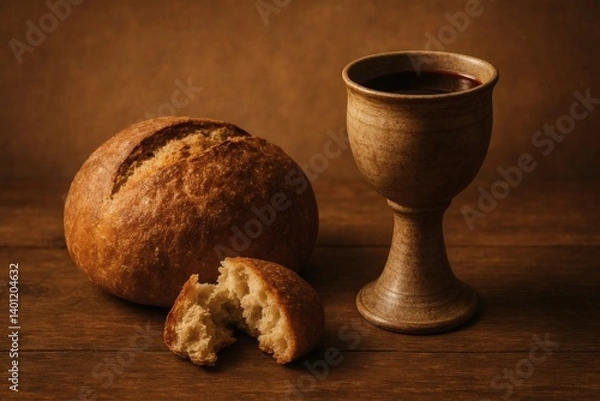 Obraz Bread and wine symbolizing the Last Supper and the body and blood of Christ in Holy Communion 
