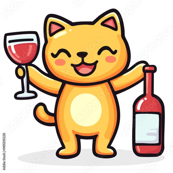 Obraz Happy cat with glass and bottle of wine, cheerful drunk kitty drinking alcohol, hand drawn doodle cartoon character clip art, kawaii isolated cute simple vector illustration
