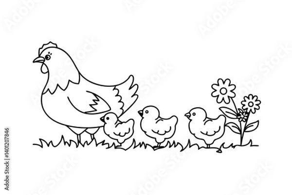Fototapeta Hen With Chicks In Black And White Line Art Vector Illustration