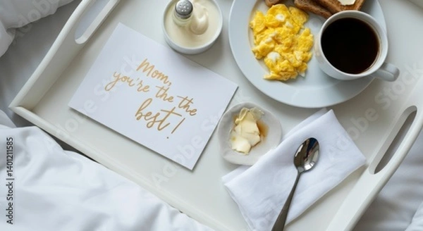 Fototapeta Breakfast in bed celebration for Mother's day with eggs, toast, coffee and handwritten Mother’s Day card with gold foil lettering text "Mom, you’re the best!"