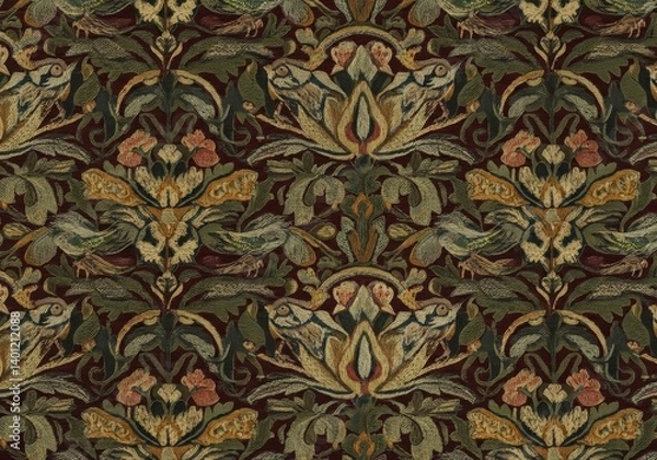 Fototapeta Vintage floral pattern with birds and foliage design for decorative use