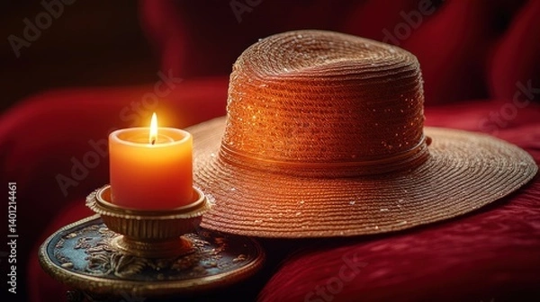 Fototapeta Lit candle beside a wet straw hat on a red surface.