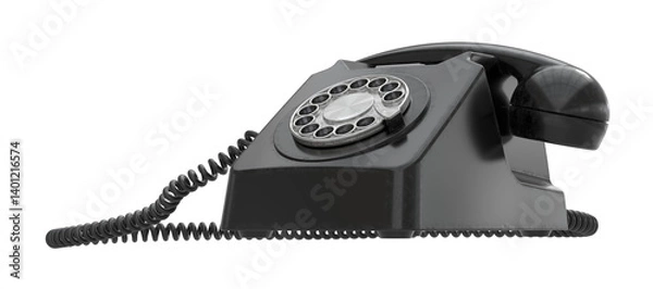 Fototapeta Vintage black rotary dial telephone with a coiled cord, isolated on a transparent background. Classic retro communication device from the mid-20th century, symbolizing old-fashioned technology.