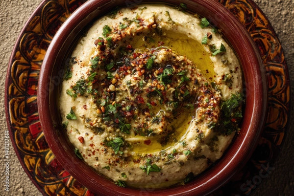 Obraz Baba ganoush is a creamy Middle Eastern dip made from roasted eggplant, traditionally made by blending charred eggplant with tahini, garlic, lemon juice, and olive oil