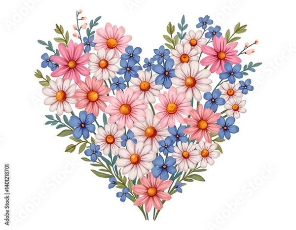 Fototapeta valentine’s and mother's day wildflower bouquet in heart shape with soft pastel tones