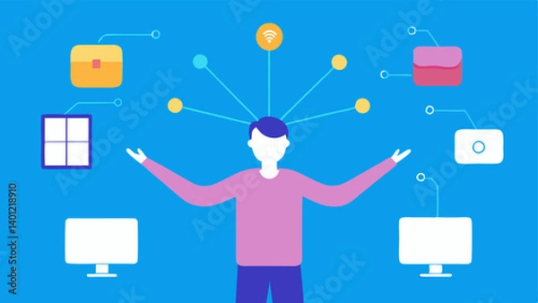 Fototapeta Neural Gesture Interaction A user stands with their arms raised fingers spread wide. Above them neural signals are depicted as bright trails connecting to various devices like