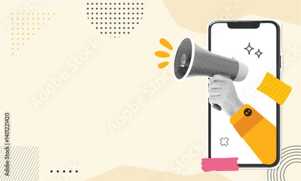 Fototapeta Trendy retro Halftone Collage with Megaphone, Handphone and Hand with copy space	
