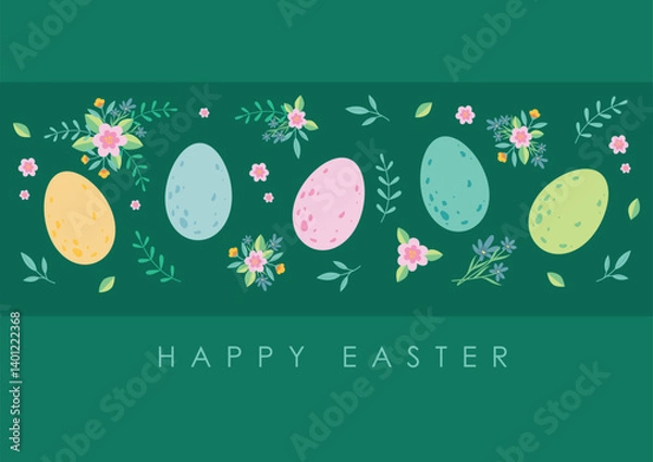 Obraz easter card with easter eggs and floral elements, isolated vector illustration on green background,template for decoration, greeting cards,invitation,poster,prints,wallpaper,banner