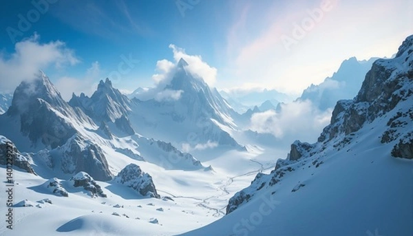 Obraz Frosty granite peaks rise amidst a blizzard; ice crystals shimmer under a pale blue and lavender sky.