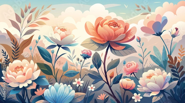 Fototapeta A gentle blend of watercolor flowers in soft hues evokes a peaceful ambiance, reminiscent of a calm morning in a lush garden.