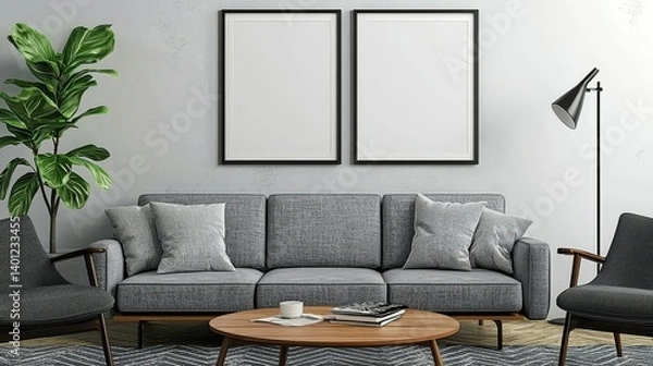 Obraz Modern Scandinavian Living Room with Blank Picture Frame Mockup on Gray Wall - Minimalist Home Staging and Interior Design