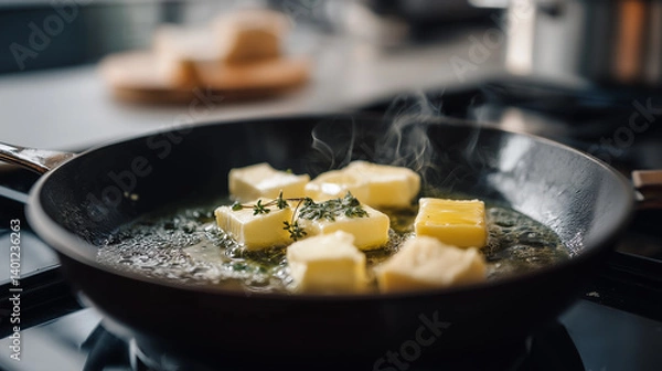 Fototapeta Melting butter in a pan ready for sautéing dishes
