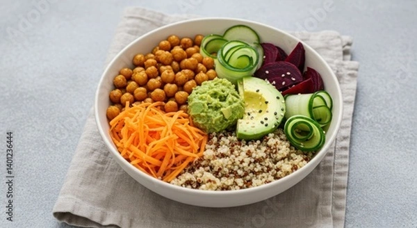 Fototapeta Bowl with chickpeas carrots avocado quinoa cucumber and beets on a cloth.