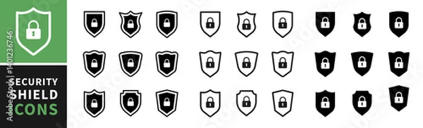 Fototapeta Security shield icons set, security screens logos with checkbox and lock. Shield signs collection. Security shield symbols. Vector illustration.