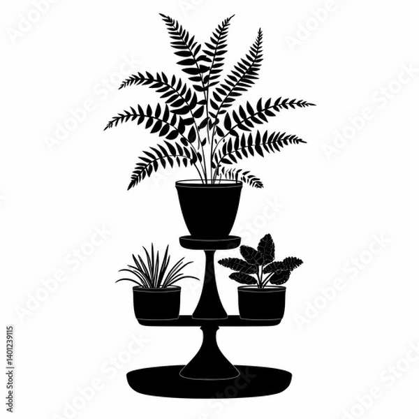Fototapeta Modern Home Decor Inspirations: Black Silhouette Ferns, Cactus, and Succulents in Minimalist Style