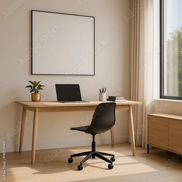 Fototapeta Minimalist Office Workspace with Scandinavian Design and Natural Light – 3D Render