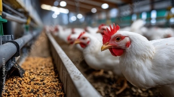 Fototapeta Chickens Feeding in a Modern Automated Poultry Farm Environment
