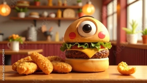 Obraz Funny Cartoon Burger with Eye and Crispy Chicken Tenders