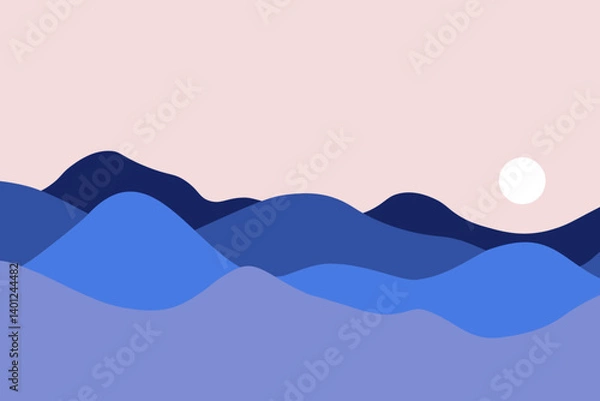 Obraz Blue mountain landscape background or ocean waves at sunrise in flat style. Illustrations of abstract, minimalistic calm and serene scene.