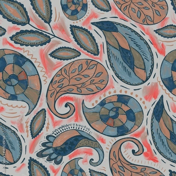 Obraz Colorful paisley pattern with intricate designs in teal, orange, and yellow hues. The abstract, hand-drawn style creates a vibrant, artistic, and bohemian feel.