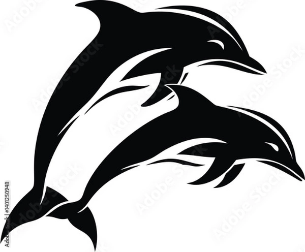 Fototapeta Two Dolphins Jumping Silhouette on Transparent Background Marine Mammals