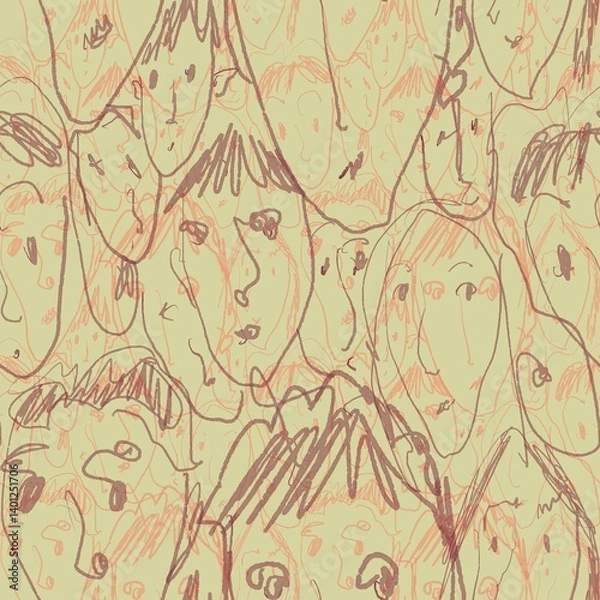 Fototapeta Abstract hand-drawn faces overlapping each other in a chaotic pattern, scribbles. Sketchy lines and varied expressions create a whimsical, artistic feel.