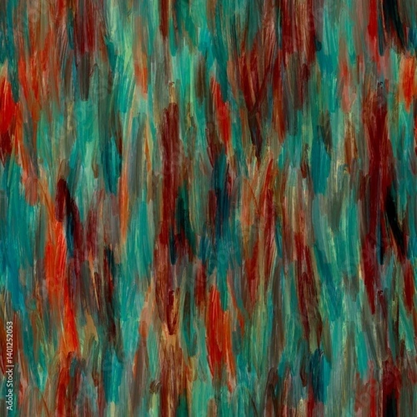 Fototapeta Abstract painting with vibrant brushstrokes in teal, red, and brown hues. The dynamic texture and rich colors create a sense of movement and depth.